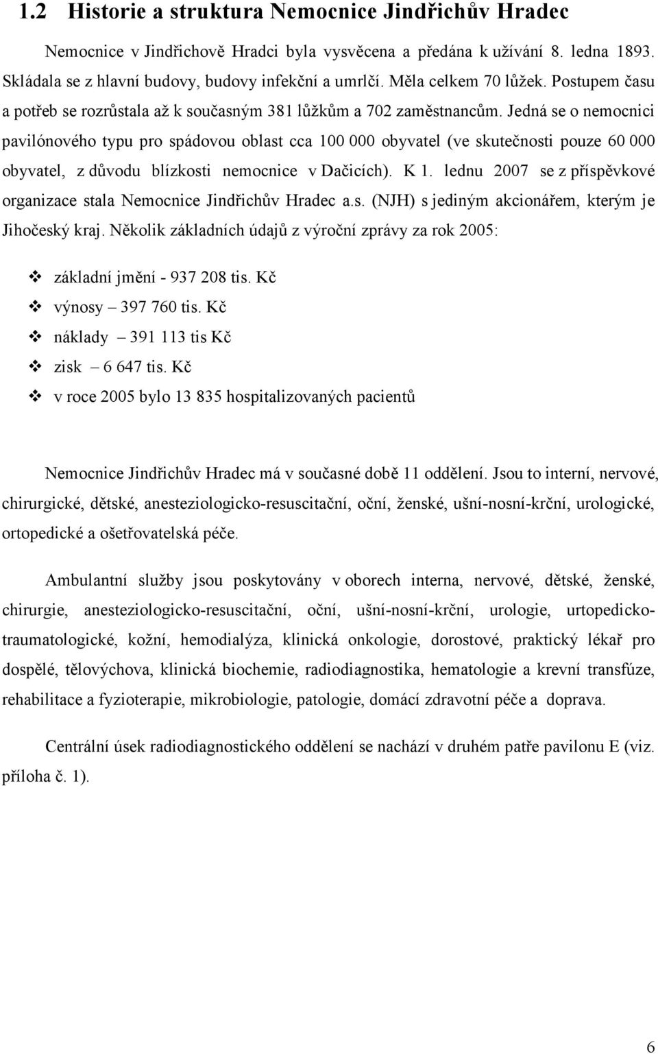 Jedná se o nemocnici pavilónového typu pro spádovou oblast cca 100 000 obyvatel (ve skutečnosti pouze 60 000 obyvatel, z důvodu blízkosti nemocnice v Dačicích). K 1.