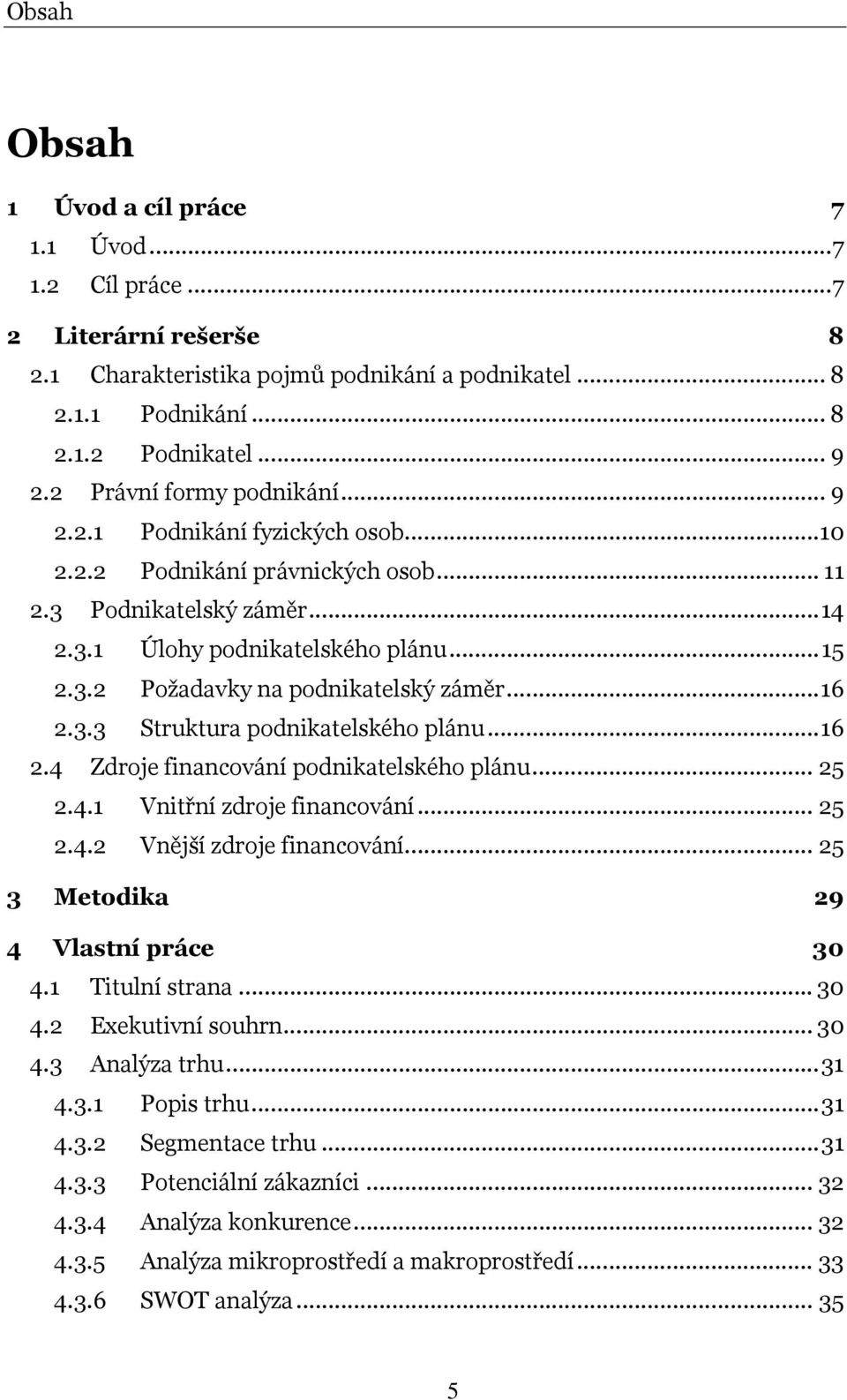 ..16 2.3.3 Struktura podnikatelského plánu...16 2.4 Zdroje financování podnikatelského plánu... 25 2.4.1 Vnitřní zdroje financování... 25 2.4.2 Vnější zdroje financování.