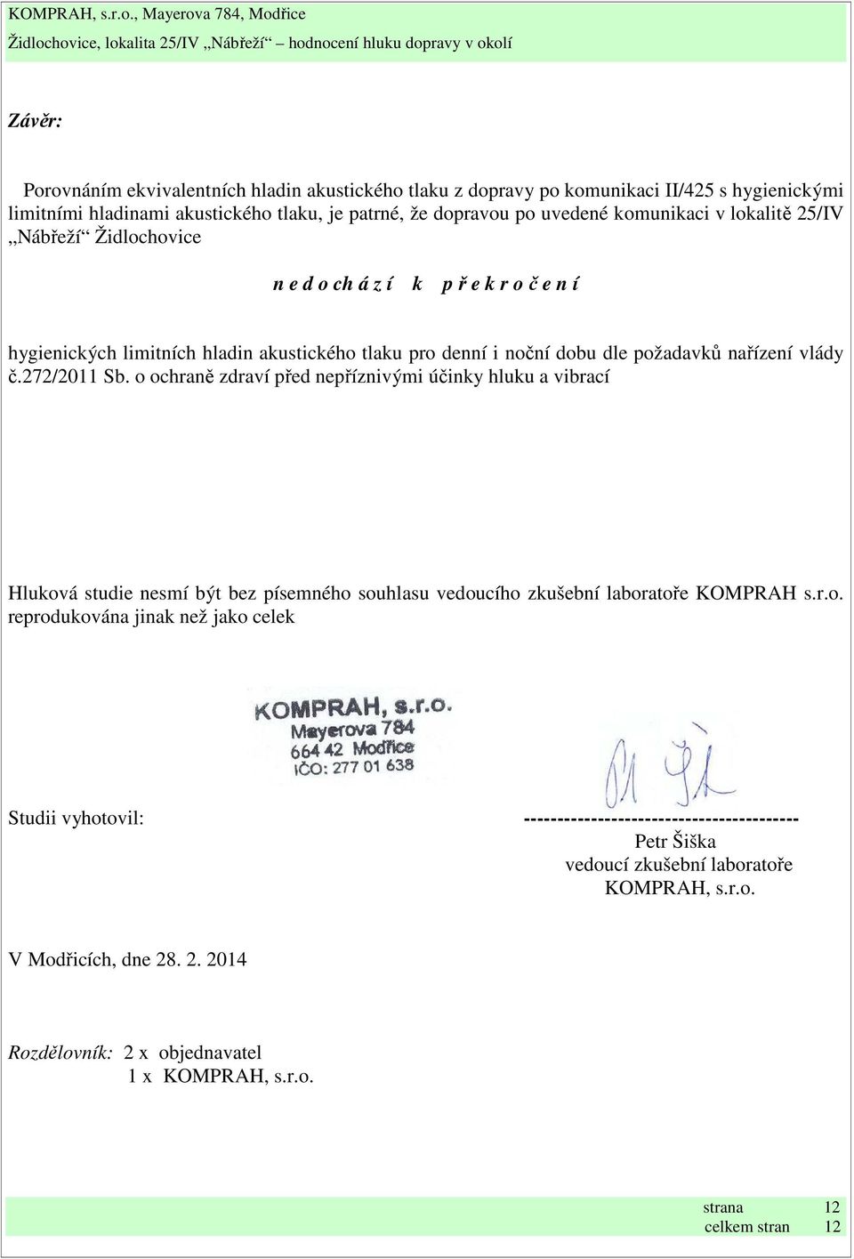 o ochraně zdraví před nepříznivými účinky hluku a vibrací Hluková studie nesmí být bez písemného souhlasu vedoucího zkušební laboratoře KOMPRAH s.r.o. reprodukována jinak než jako celek Studii vyhotovil: ----------------------------------------- Petr Šiška vedoucí zkušební laboratoře KOMPRAH, s.
