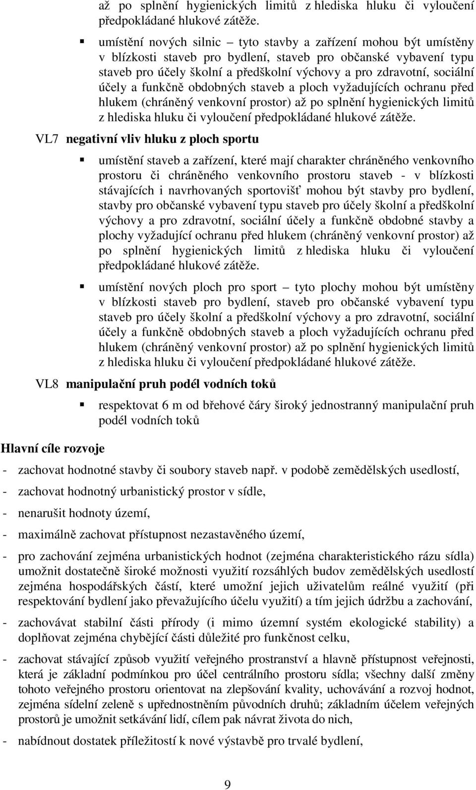 sociální účely a funkčně obdobných staveb a ploch vyžadujících ochranu před hlukem (chráněný venkovní prostor)  VL7 negativní vliv hluku z ploch sportu umístění staveb a zařízení, které mají