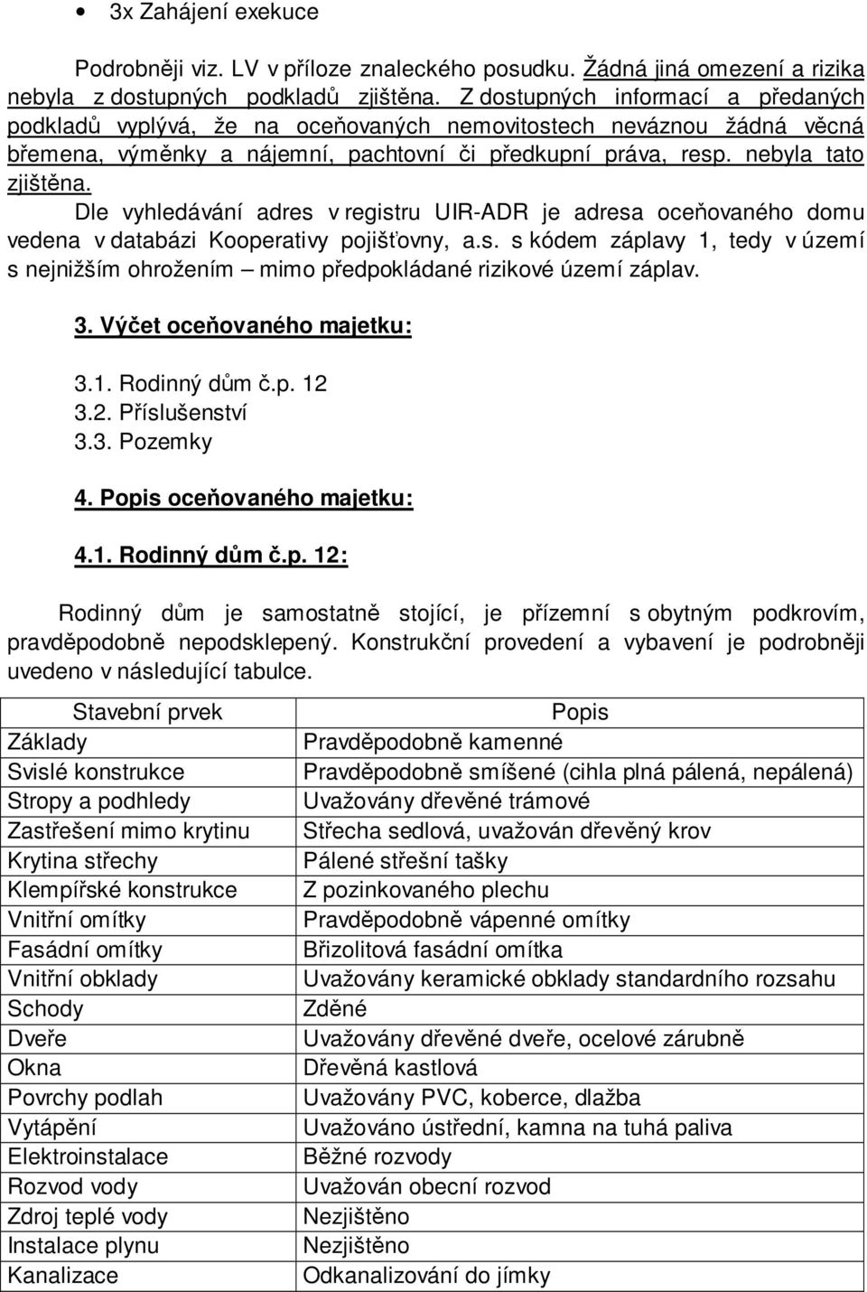 Dle vyhledávání adres v registru UIR-ADR je adresa oceňovaného domu vedena v databázi Kooperativy pojišťovny, a.s. s kódem záplavy 1, tedy v území s nejnižším ohrožením mimo předpokládané rizikové území záplav.