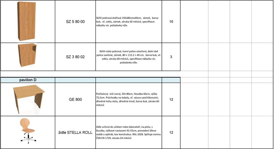 požadavky níže. 3 pavilon D GE 800 Počítačový stůl rovný, šíře 80cm, hloubka 60cm, výška 75,5cm. Průchodky na kabely, vč.