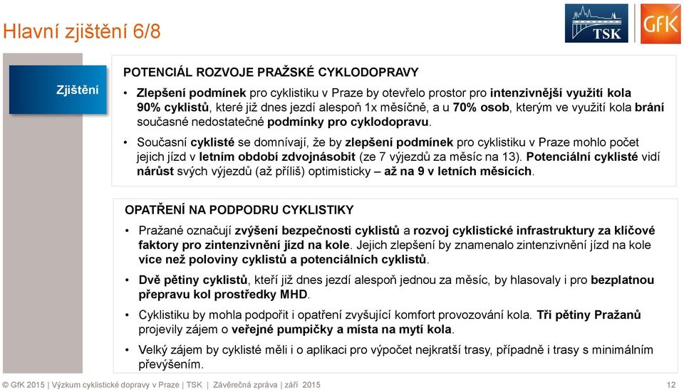 Současní cyklisté se domnívají, že by zlepšení podmínek pro cyklistiku v Praze mohlo počet jejich jízd v letním období zdvojnásobit (ze 7 výjezdů za měsíc na 13).