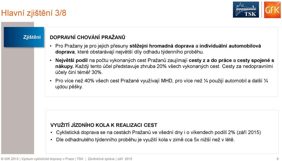 Cesty za nedopravními účely činí téměř 30%. Pro více než 40% všech cest Pražané využívají MHD, pro více než ¼ použijí automobil a další ¼ ujdou pěšky.