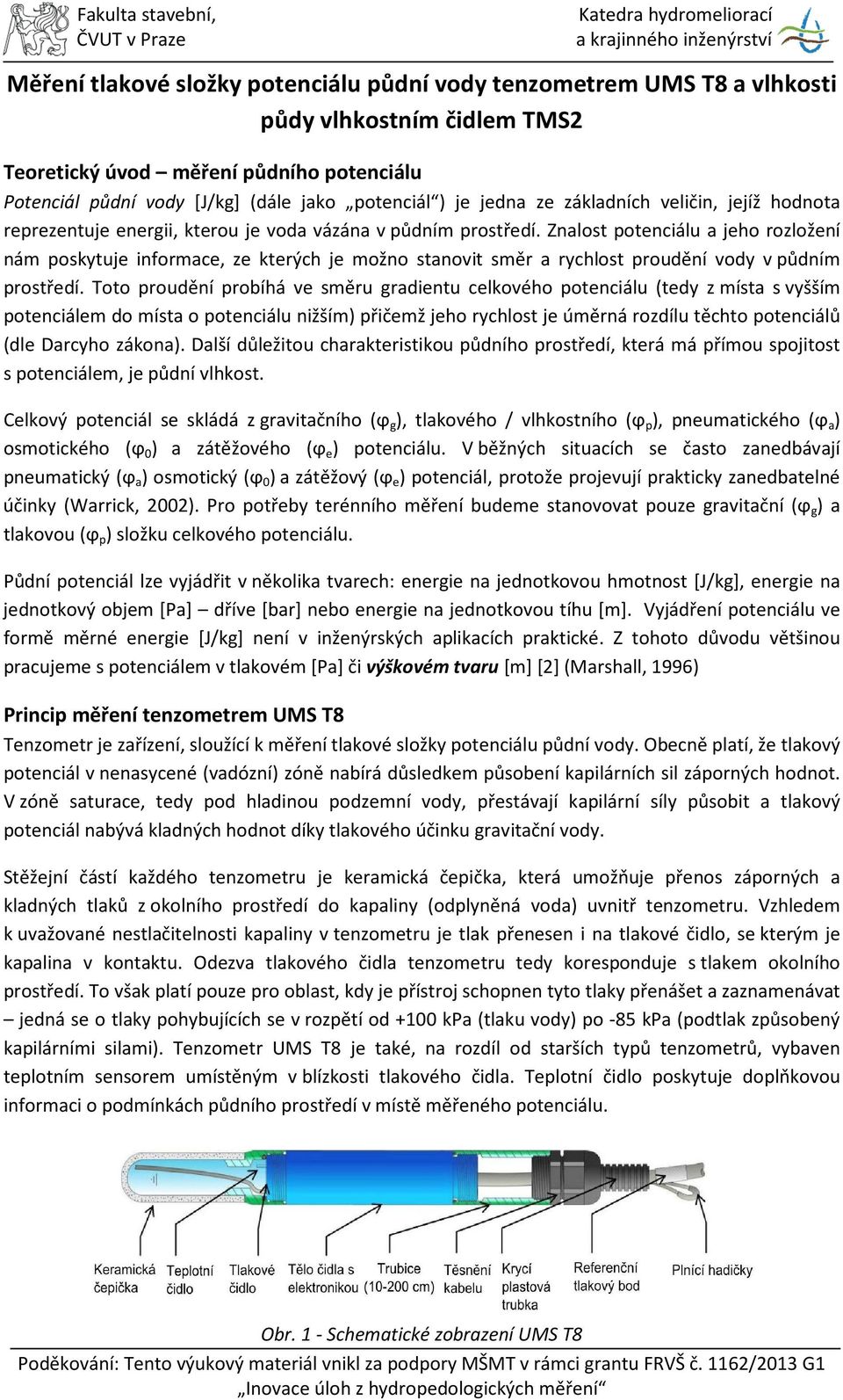 Znalost potenciálu a jeho rozložení nám poskytuje informace, ze kterých je možno stanovit směr a rychlost proudění vody v půdním prostředí.