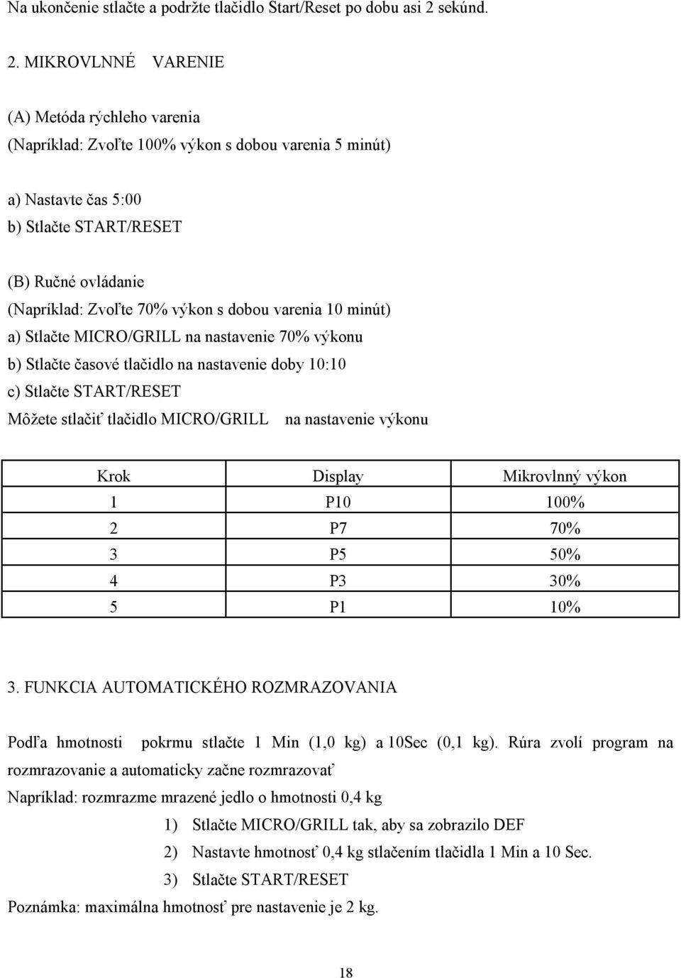 MIKROVLNNÉ VARENIE (A) Metóda rýchleho varenia (Napríklad: Zvoľte 100% výkon s dobou varenia 5 minút) a) Nastavte čas 5:00 b) Stlačte START/RESET (B) Ručné ovládanie (Napríklad: Zvoľte 70% výkon s