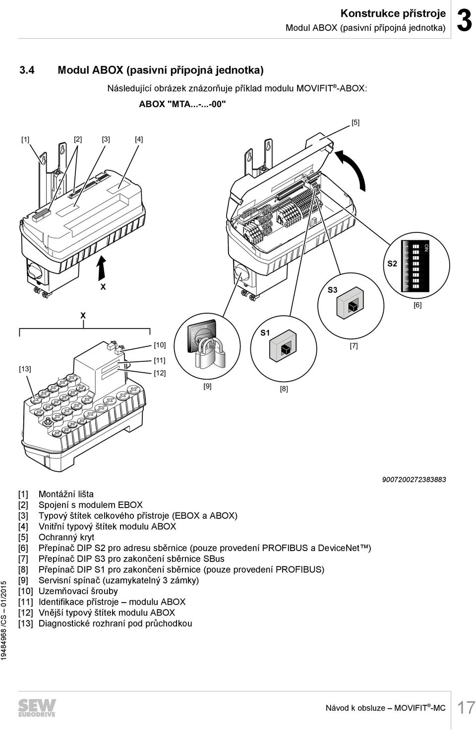 ..-00" [5] [1] [2] [3] [4] X S3 S2 1 2 3 4 5 6 7 8 ON X [6] [10] 0 OFF I ON S1 [7] [13] [11] [12] [9] [8] 9007200272383883 [1] Montážní lišta [2] Spojení s modulem EBOX [3] Typový štítek celkového