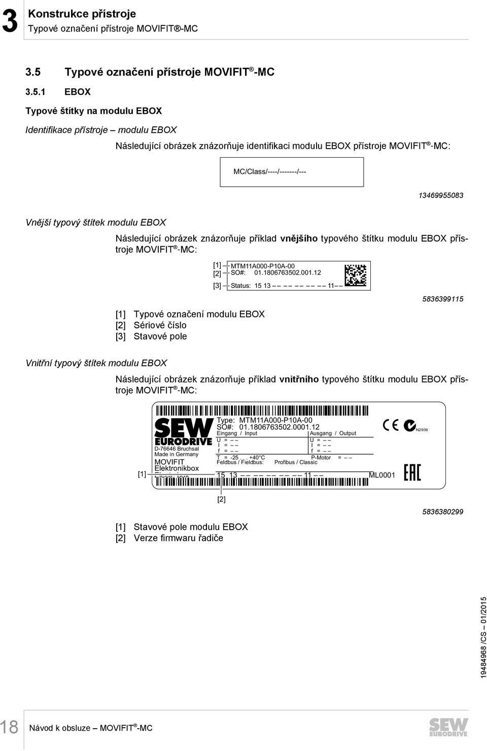 1 EBOX Typové štítky na modulu EBOX Identifikace přístroje modulu EBOX Následující obrázek znázorňuje identifikaci modulu EBOX přístroje MOVIFIT MC: MC/Class/----/-------/--- 13469955083 Vnější