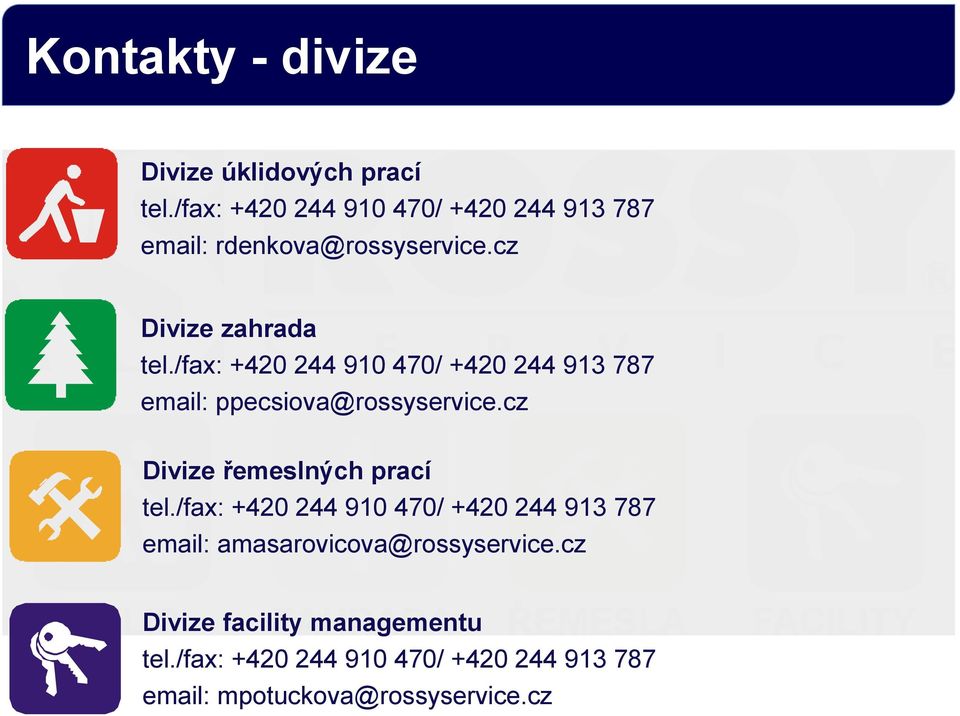 /fax: +420 244 910 470/ +420 244 913 787 email: ppecsiova@rossyservice.cz Divize řemeslných prací tel.