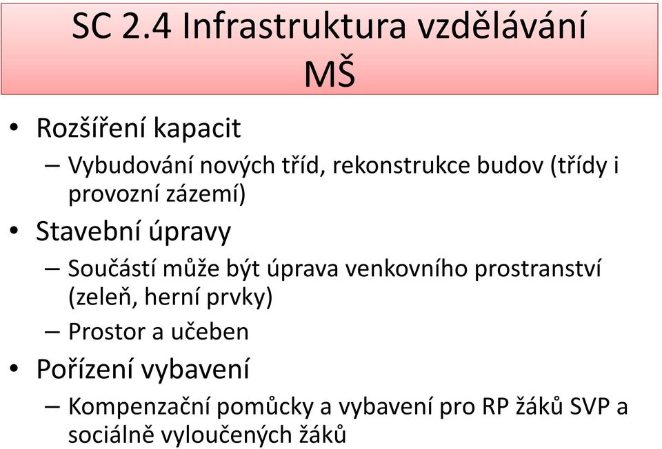 prostranství (zeleň, herní prvky) Prostor a učeben Pořízení vybavení