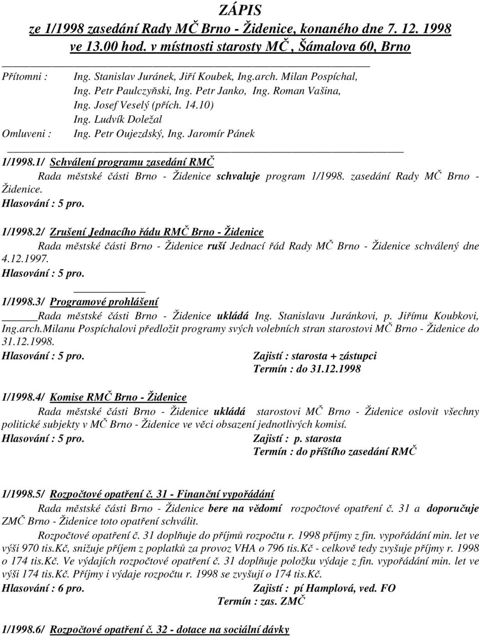 1/ Schválení programu zasedání RMČ Rada městské části Brno - Židenice schvaluje program 1/1998.