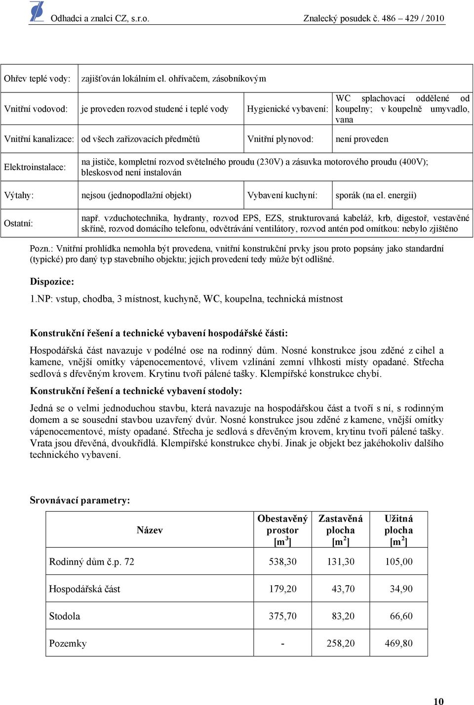 zařizovacích předmětů Vnitřní plynovod: není proveden Elektroinstalace: na jističe, kompletní rozvod světelného proudu (230V) a zásuvka motorového proudu (400V); bleskosvod není instalován Výtahy: