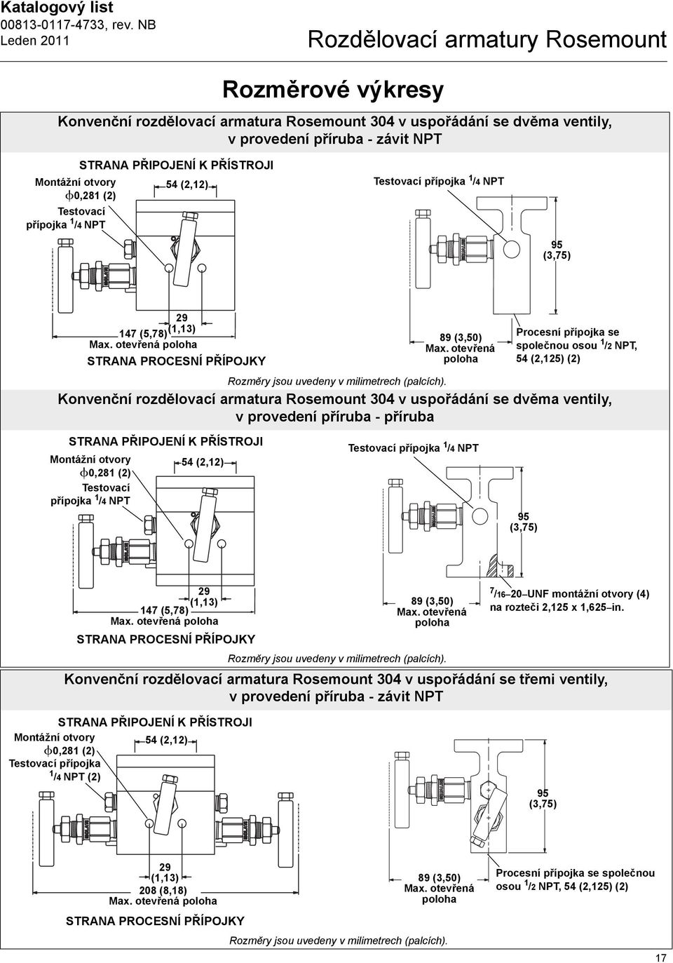 otevřená Procesní přípojka se společnou osou 1 /2 NPT, 54 (2,125) (2) Konvenční rozdělovací armatura Rosemount 304 v uspořádání se dvěma ventily, v provedení příruba - příruba STRANA PŘIPOJENÍ K