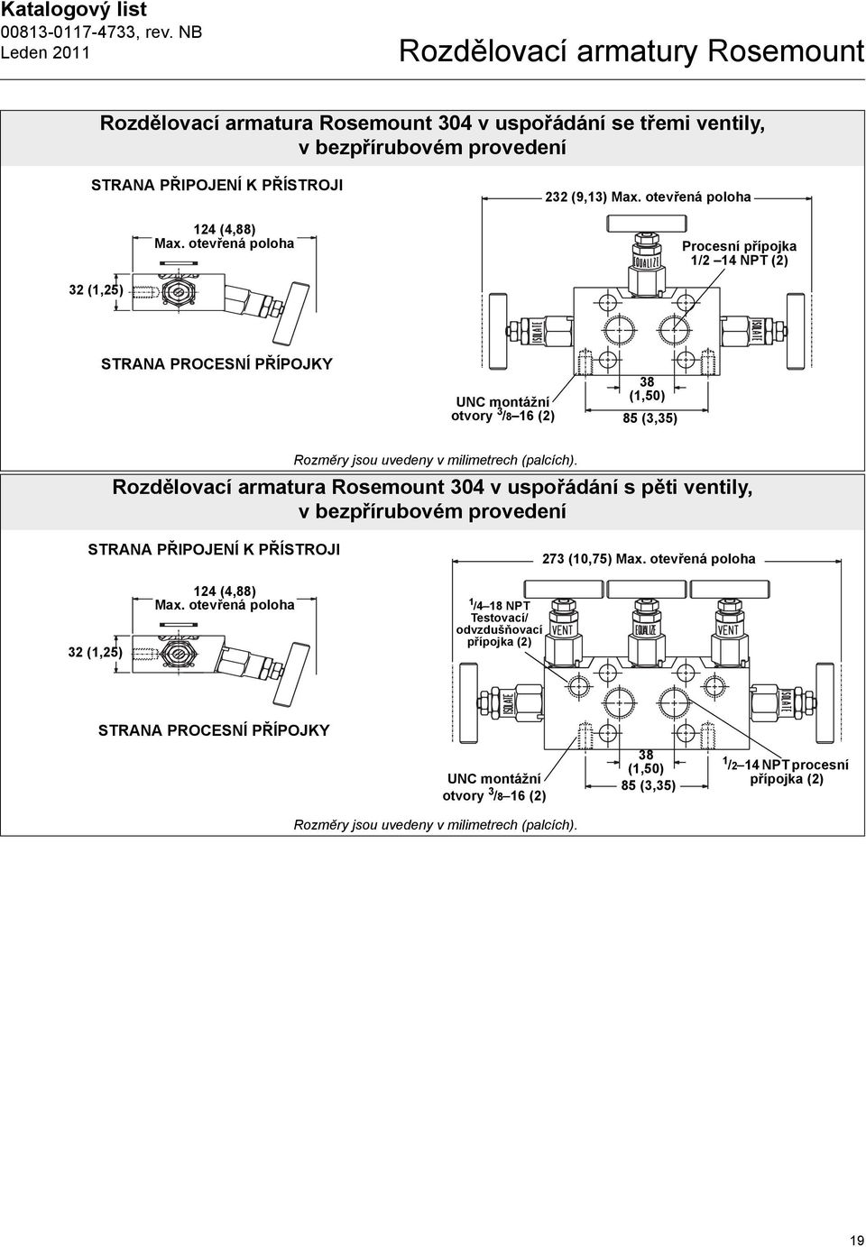 otevřená Procesní přípojka 1/2 14 NPT (2) 32 (1,25) STRANA PROCESNÍ PŘÍPOJKY UNC montážní otvory 3 /8 16 (2) 38 (1,50) 85 (3,35) Rozdělovací armatura Rosemount