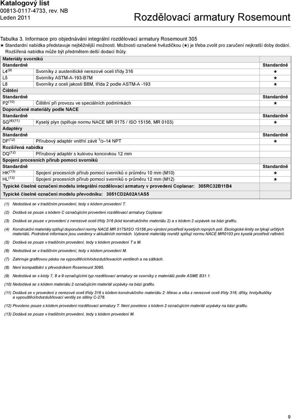 Materiály svorníků L4 (9) Svorníky z austenitické nerezové oceli třídy 316 L5 Svorníky ASTM-A-193-B7M L8 Svorníky z oceli jakosti B8M, třída 2 podle ASTM-A -193 Čištění P2 (10) Čištění při provozu ve