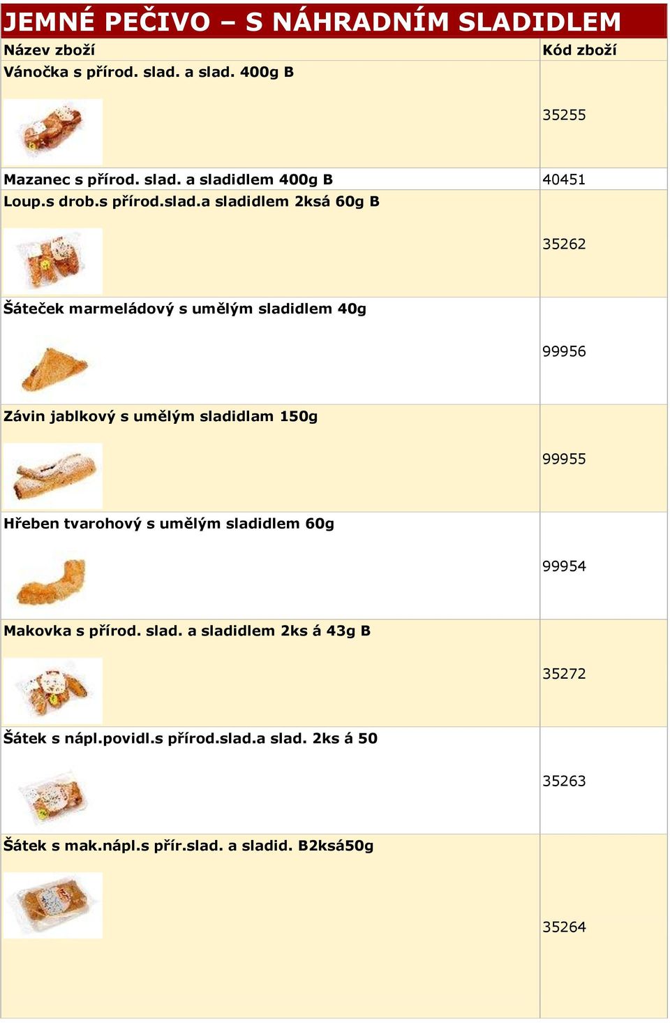 a sladidlem 2ksá 60g B 35262 Šáteček marmeládový s umělým sladidlem 40g 99956 Závin jablkový s umělým sladidlam 150g 99955