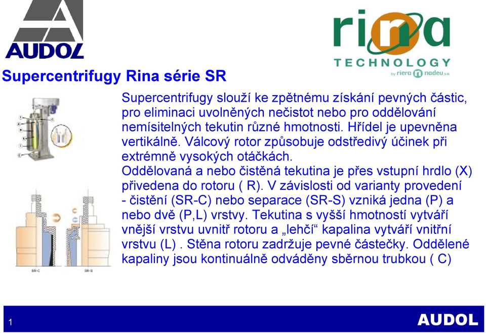 Oddělovaná a nebo čistěná tekutina je přes vstupní hrdlo (X) přivedena do rotoru ( R).