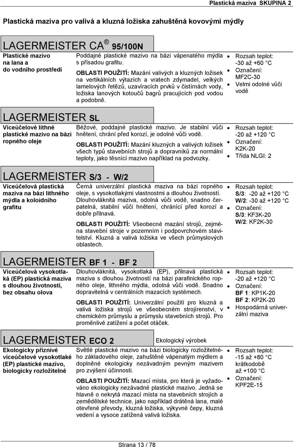 plastická maziva s dlouhou životností, bez obsahu olova LAGERMEISTER ECO 2 Ekologicky příznivé víceúčelové vysokotlaké (EP) plastické mazivo, biologicky rozložitelné Poddajné plastické mazivo na bázi