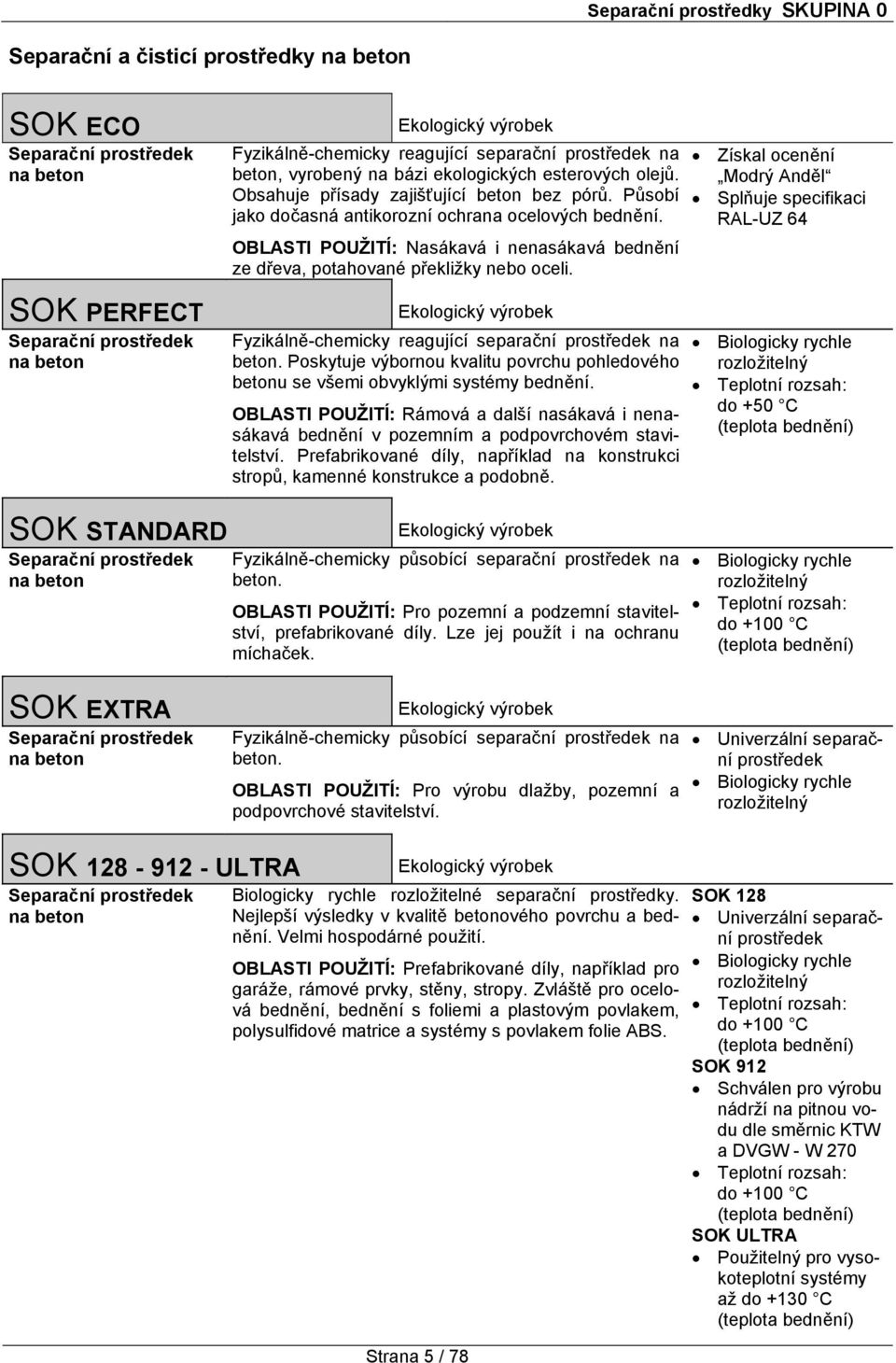 OBLASTI POUŽITÍ: Nasákavá i nenasákavá bednění ze dřeva, potahované překližky nebo oceli. Ekologický výrobek Fyzikálně-chemicky reagující separační prostředek na beton.