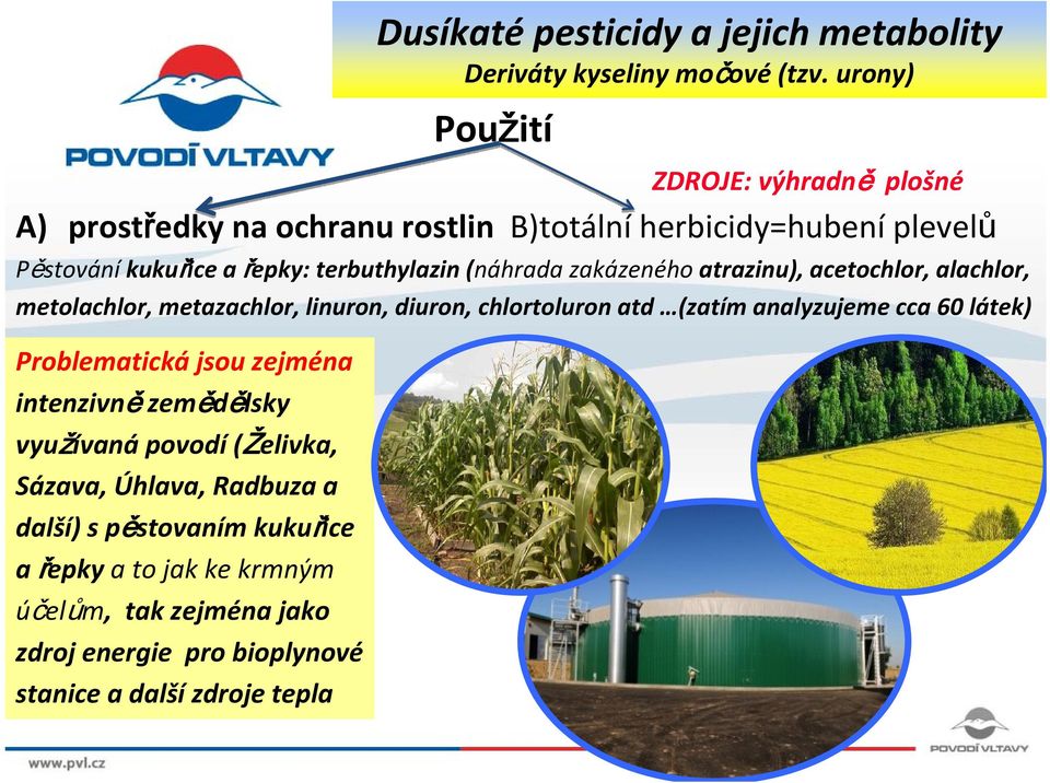 zakázeného atrazinu), acetochlor, alachlor, metolachlor, metazachlor, linuron, diuron, chlortoluron atd (zatím analyzujeme cca 60 látek) Problematická