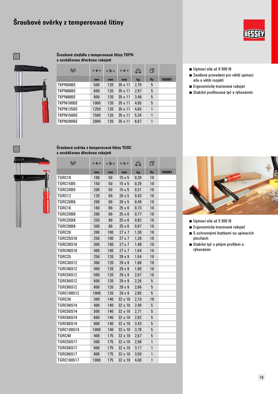 Zesílené provedení pro větší upínací sílu a větší rozpětí Ergonomicky tvarovaná rukojet Stabilní profilovaná tyč s rýhováním Šroubová svěrka z temperované litiny TGRC s osvědčenou dřevěnou rukojetí