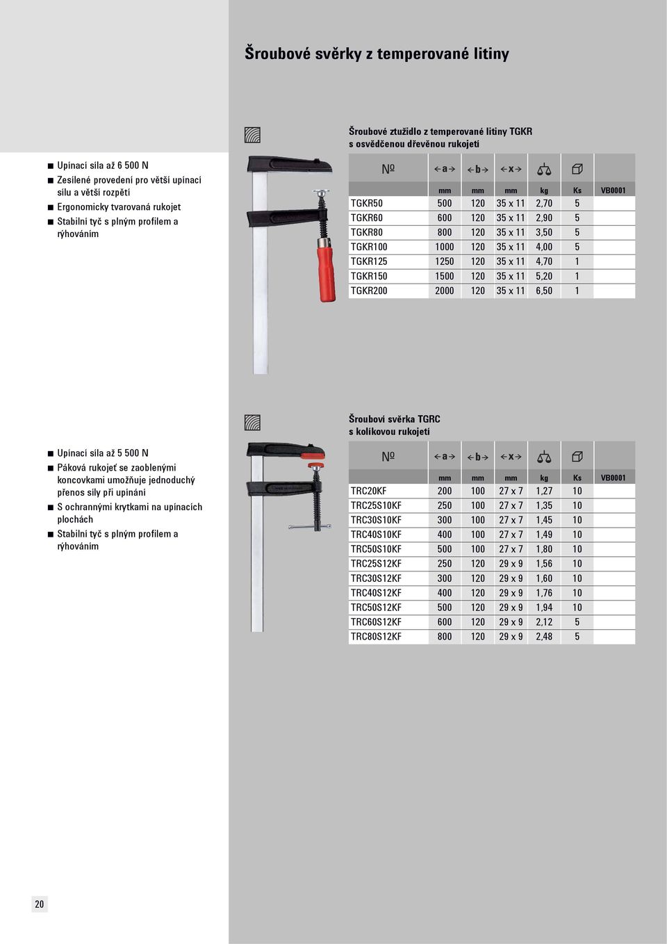 120 35 x 11 4,00 5 TGKR125 1250 120 35 x 11 4,70 1 TGKR150 1500 120 35 x 11 5,20 1 TGKR200 2000 120 35 x 11 6,50 1 Šrouboví svěrka TGRC s kolíkovou rukojetí Upínací síla až 5 500 N Páková rukojeť se