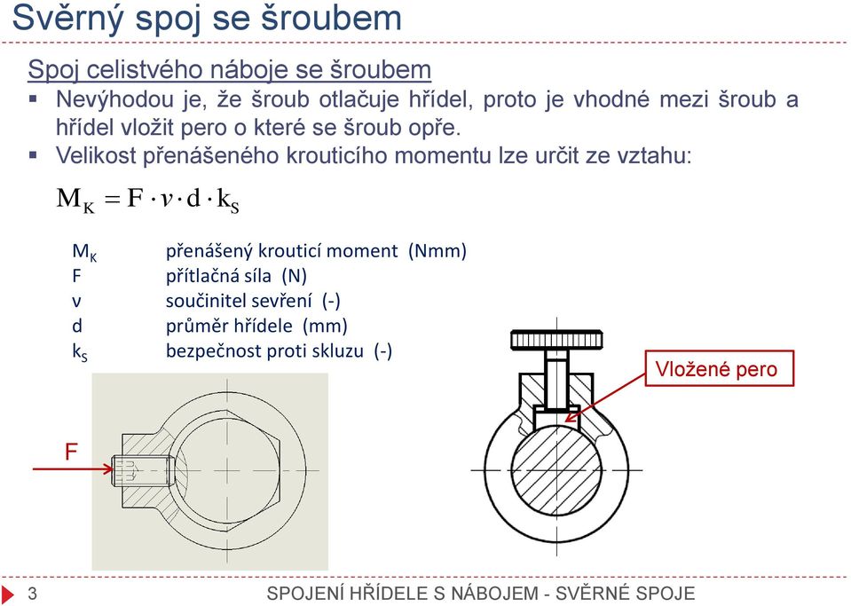 Velikost přenášeného krouticího momentu lze určit ze vztahu: M F ν d K k S M K přenášený krouticí moment