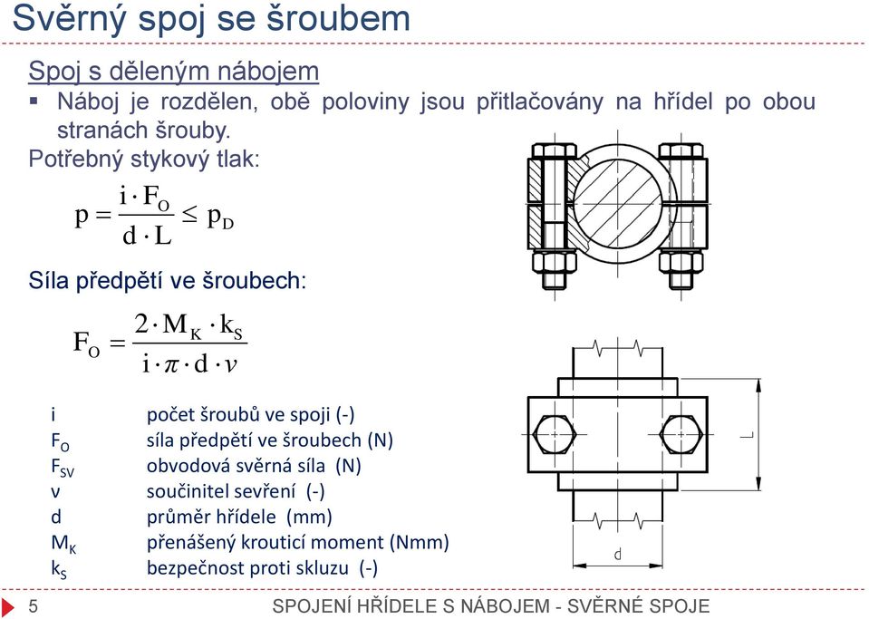 Potřebný stykový tlak: i FO p pd d L Síla předpětí ve šroubech: F O M K k 2 i π d ν S i počet šroubů ve spoji (-) F