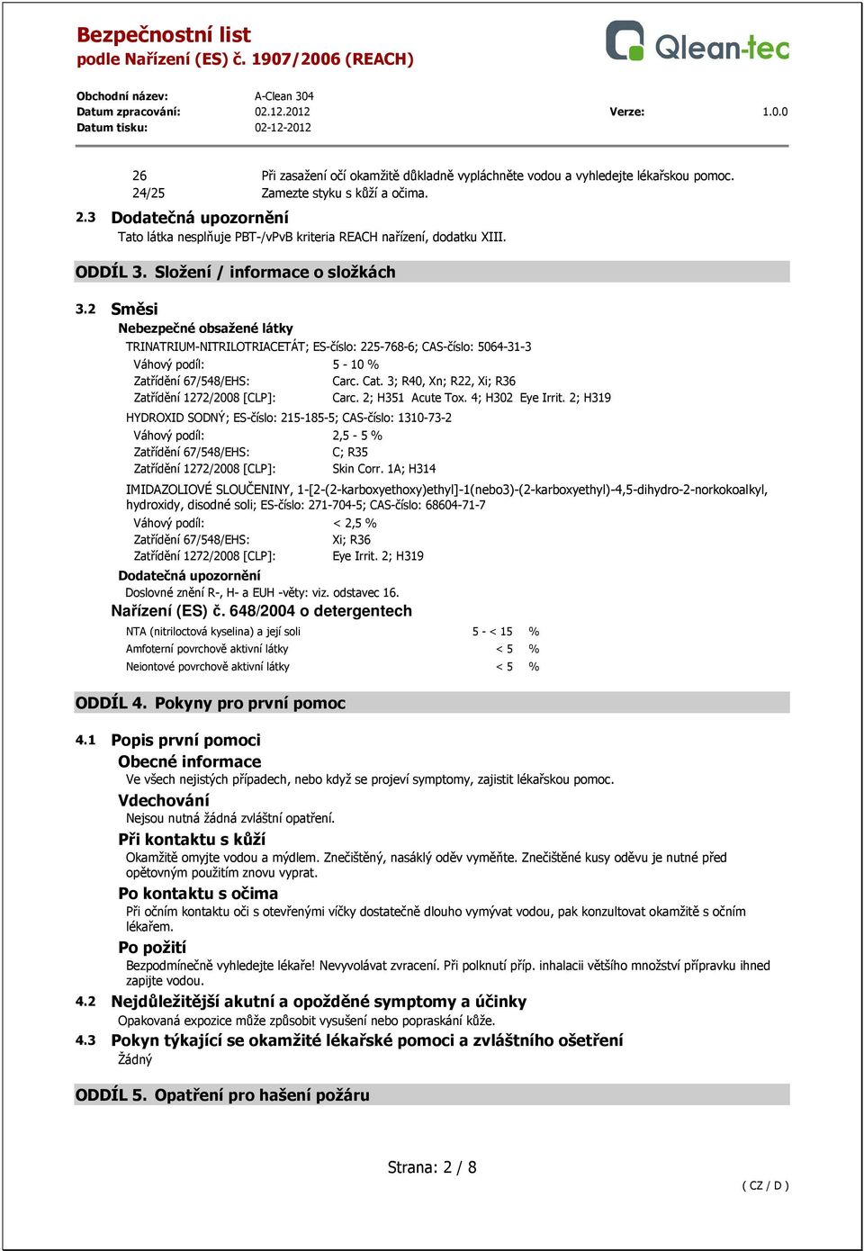 3; R40, Xn; R22, Xi; R36 Zatřídění 1272/2008 [CLP]: Carc. 2; H351 Acute Tox. 4; H302 Eye Irrit.