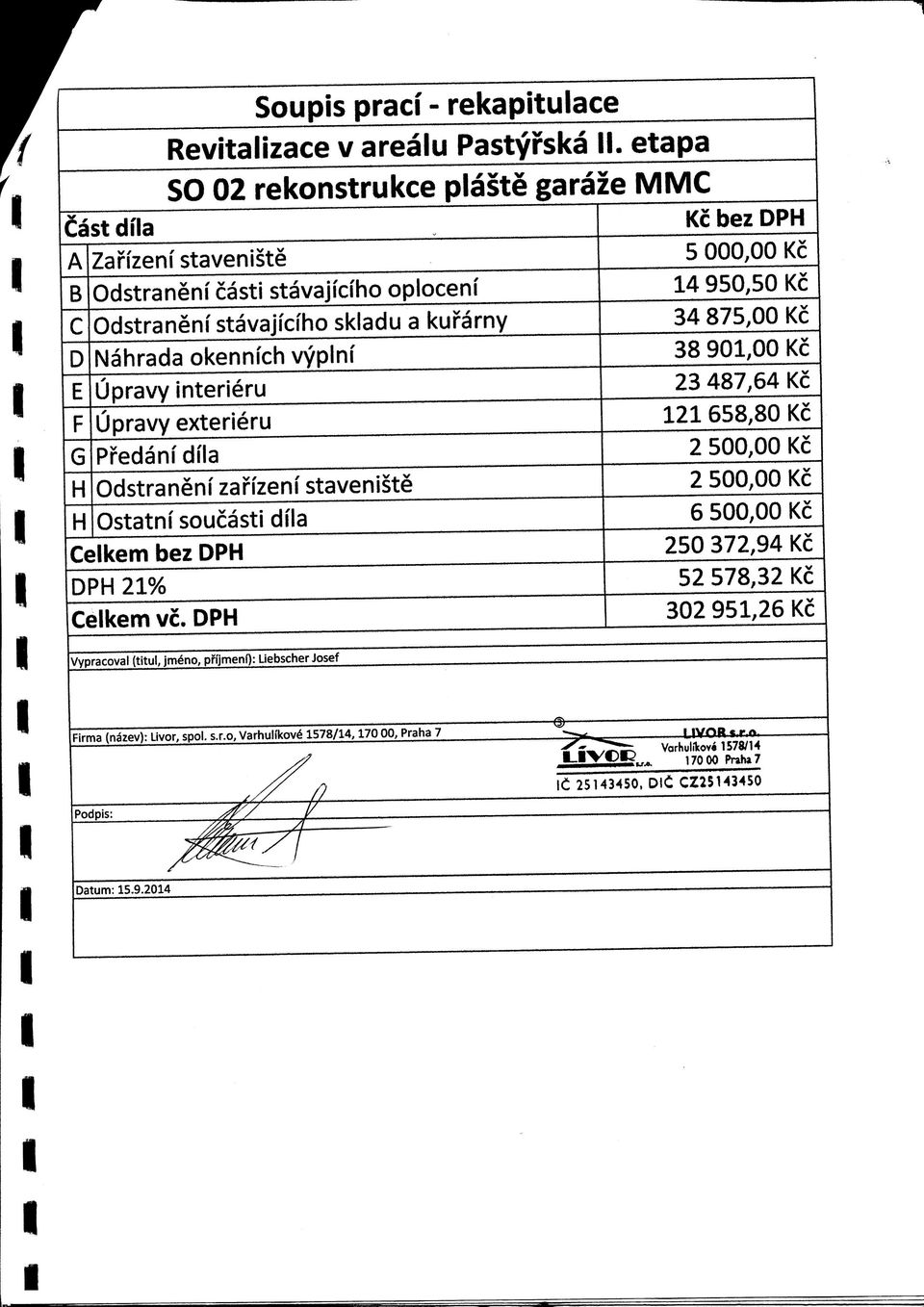Pfedani dfla Odstraneni' zaffzeni staveniste Ostatni soucasti dila H Celkem bez DPH DPH 21% Celkem vc.