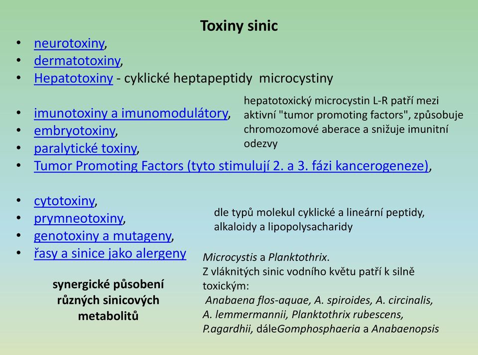 synergické působení různých sinicových metabolitů hepatotoxický microcystin L-R patří mezi aktivní "tumor promoting factors", způsobuje chromozomové aberace a snižuje imunitní odezvy dle typů