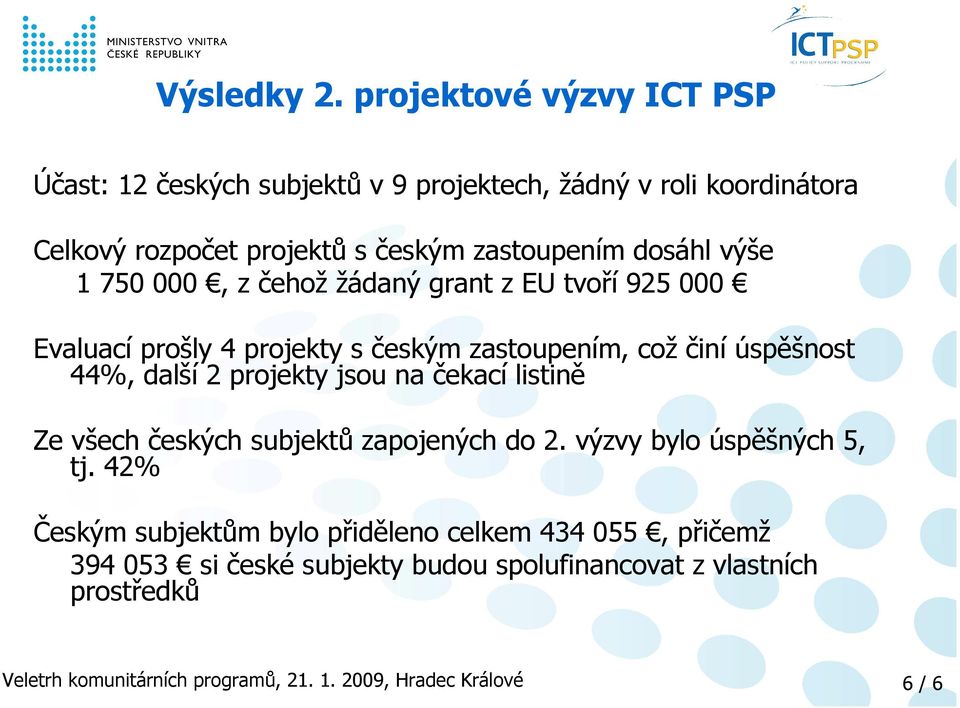 zastoupením dosáhl výše 1 750 000, z čehož žádaný grant z EU tvoří 925 000 Evaluací prošly 4 projekty s českým zastoupením, což činí