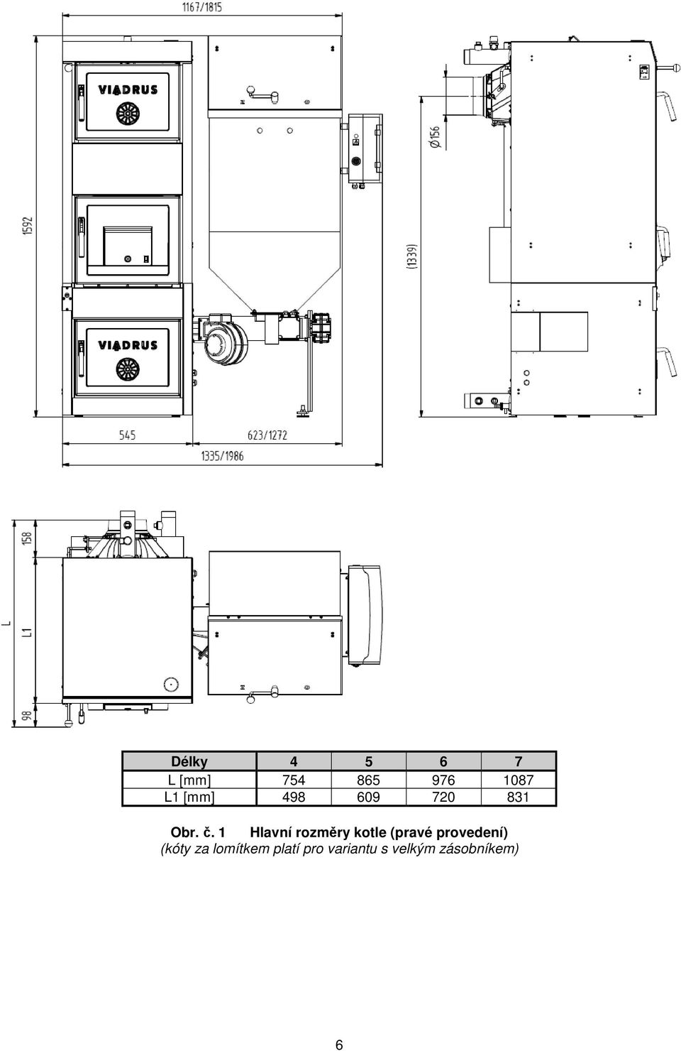 1 Hlavní rozměry kotle (pravé provedení)