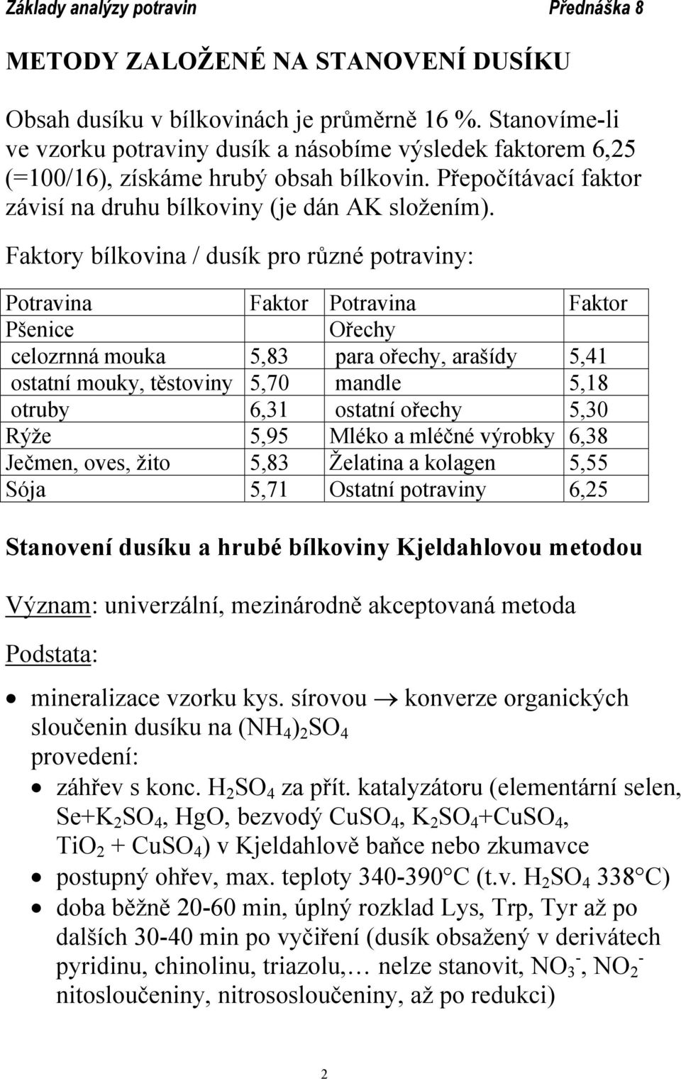 Faktory bílkovina / dusík pro různé potraviny: Potravina Faktor Potravina Faktor Pšenice Ořechy celozrnná mouka 5,83 para ořechy, arašídy 5,41 ostatní mouky, těstoviny 5,70 mandle 5,18 otruby 6,31