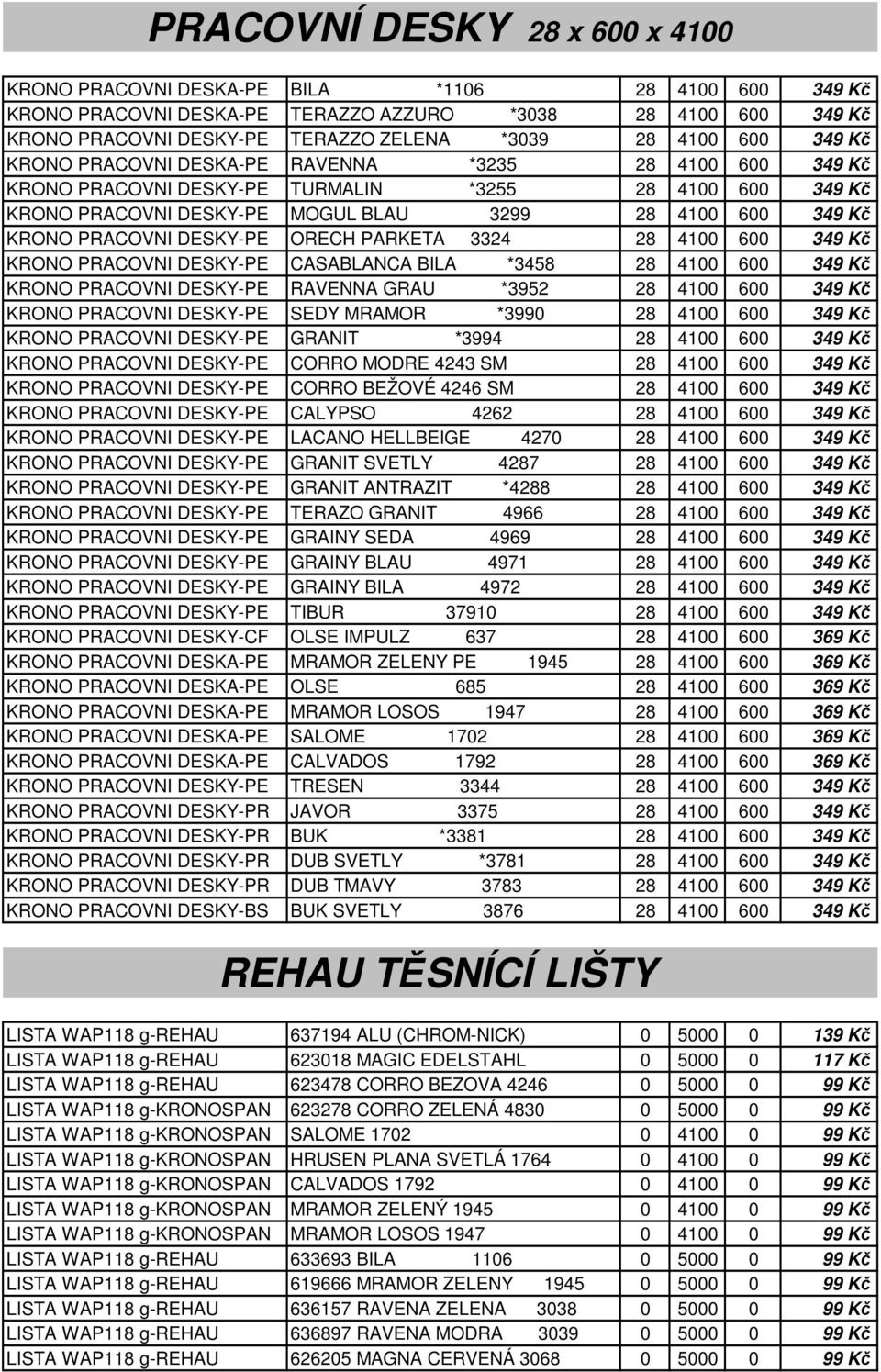 PRACOVNI DESKY-PE ORECH PARKETA 3324 28 4100 600 349 Kč KRONO PRACOVNI DESKY-PE CASABLANCA BILA *3458 28 4100 600 349 Kč KRONO PRACOVNI DESKY-PE RAVENNA GRAU *3952 28 4100 600 349 Kč KRONO PRACOVNI