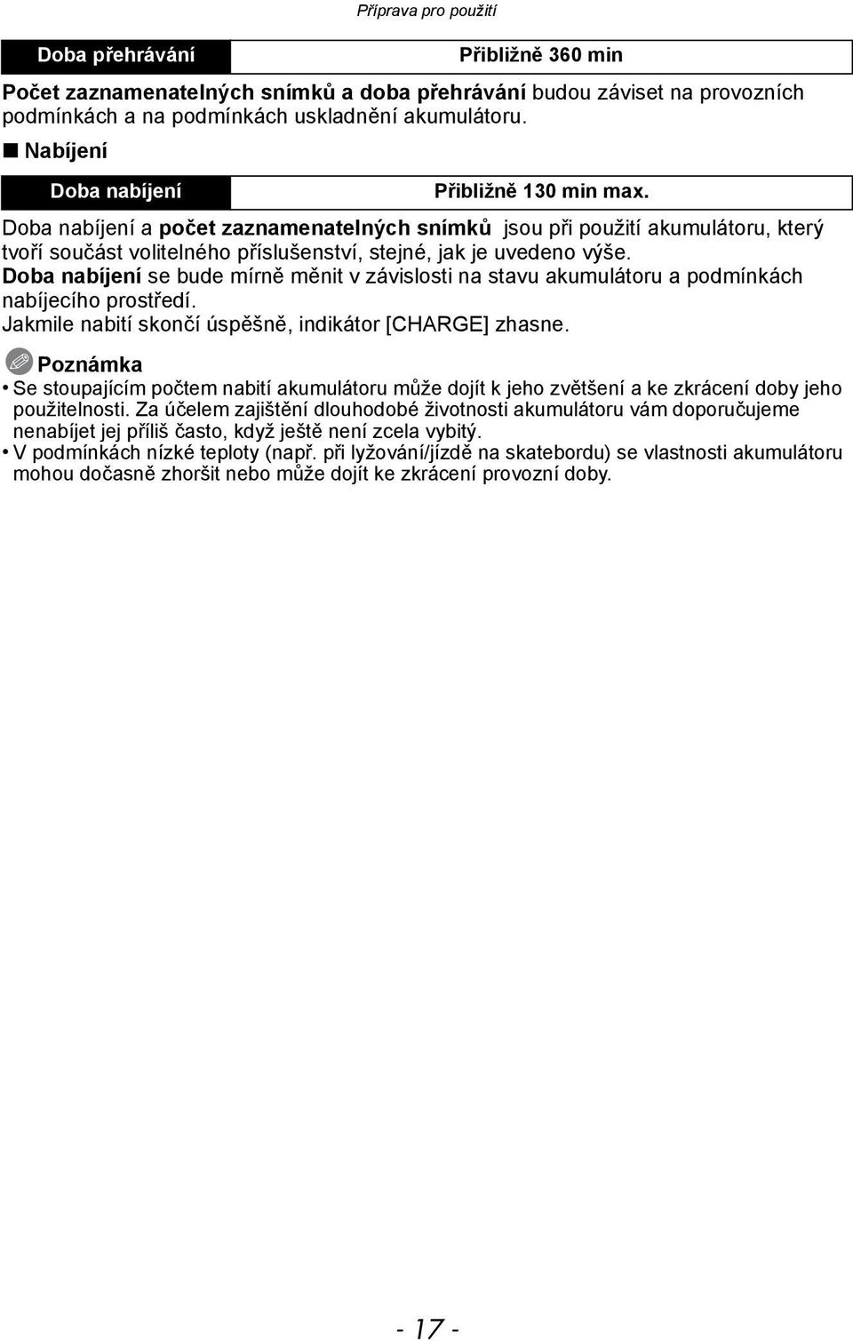 Doba nabíjení a počet zaznamenatelných snímků jsou při použití akumulátoru, který tvoří součást volitelného příslušenství, stejné, jak je uvedeno výše.