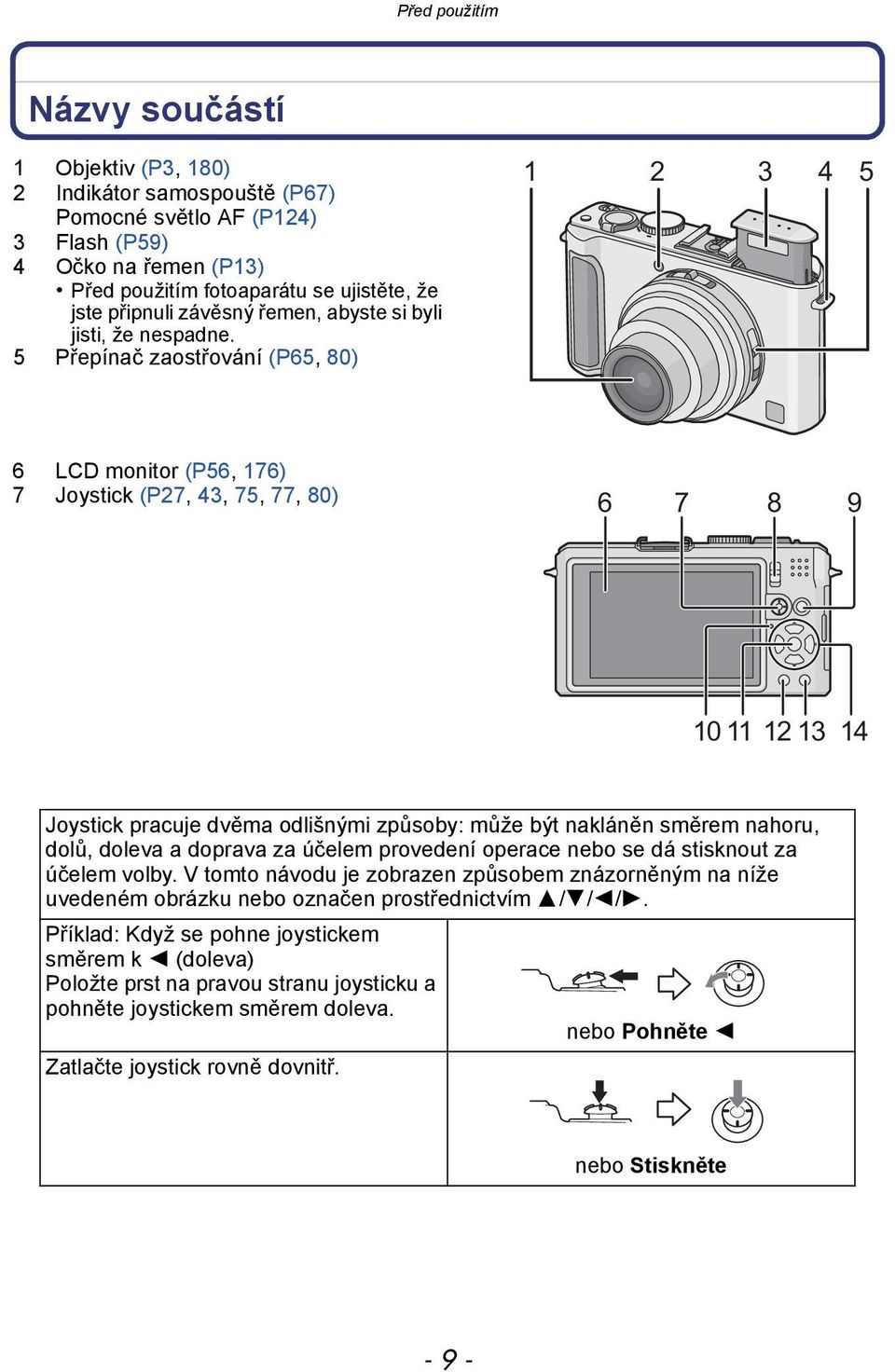 5 Přepínač zaostřování (P65, 80) 1 2 3 4 5 6 LCD monitor (P56, 176) 7 Joystick (P27, 43, 75, 77, 80) 6 7 8 9 10 11 12 13 14 Joystick pracuje dvěma odlišnými způsoby: může být nakláněn směrem nahoru,