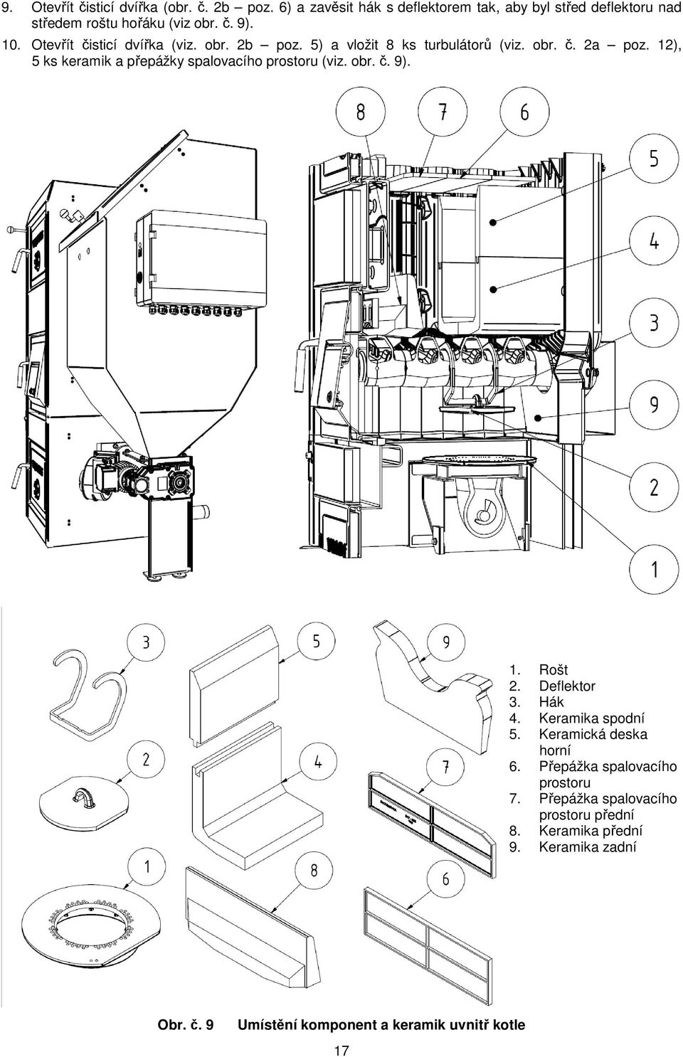 obr. 2b poz. 5) a vložit 8 ks turbulátorů (viz. obr. č. 2a poz. 12), 5 ks keramik a přepážky spalovacího prostoru (viz. obr. č. 9). 1. Rošt 2.