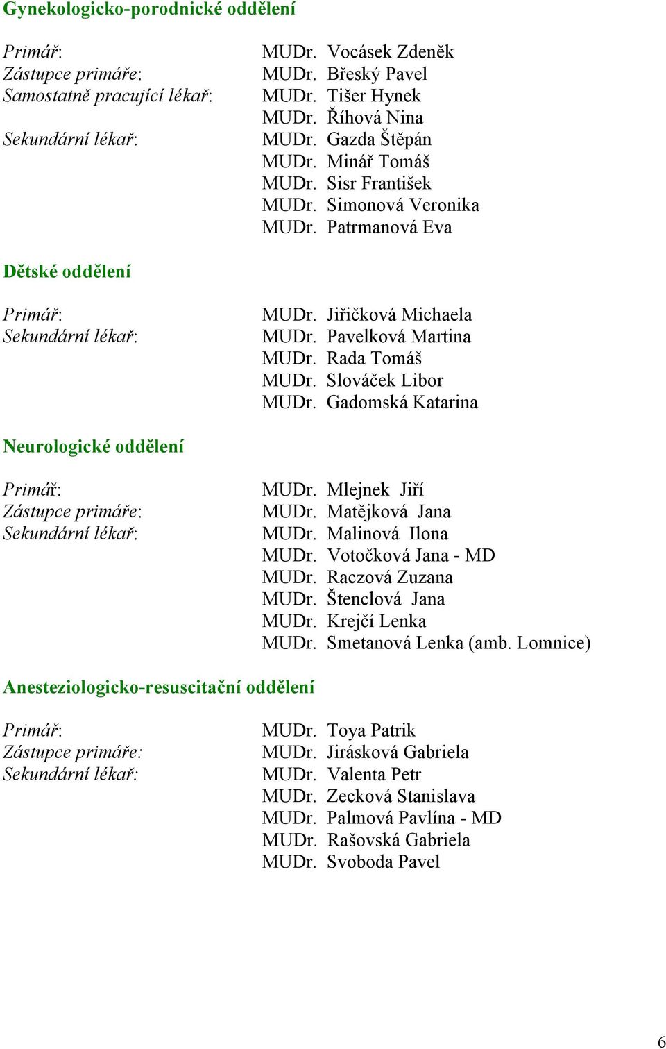 Rada Tomáš MUDr. Slováček Libor MUDr. Gadomská Katarina Neurologické oddělení Primář: Zástupce primáře: Sekundární lékař: MUDr. Mlejnek Jiří MUDr. Matějková Jana MUDr. Malinová Ilona MUDr.