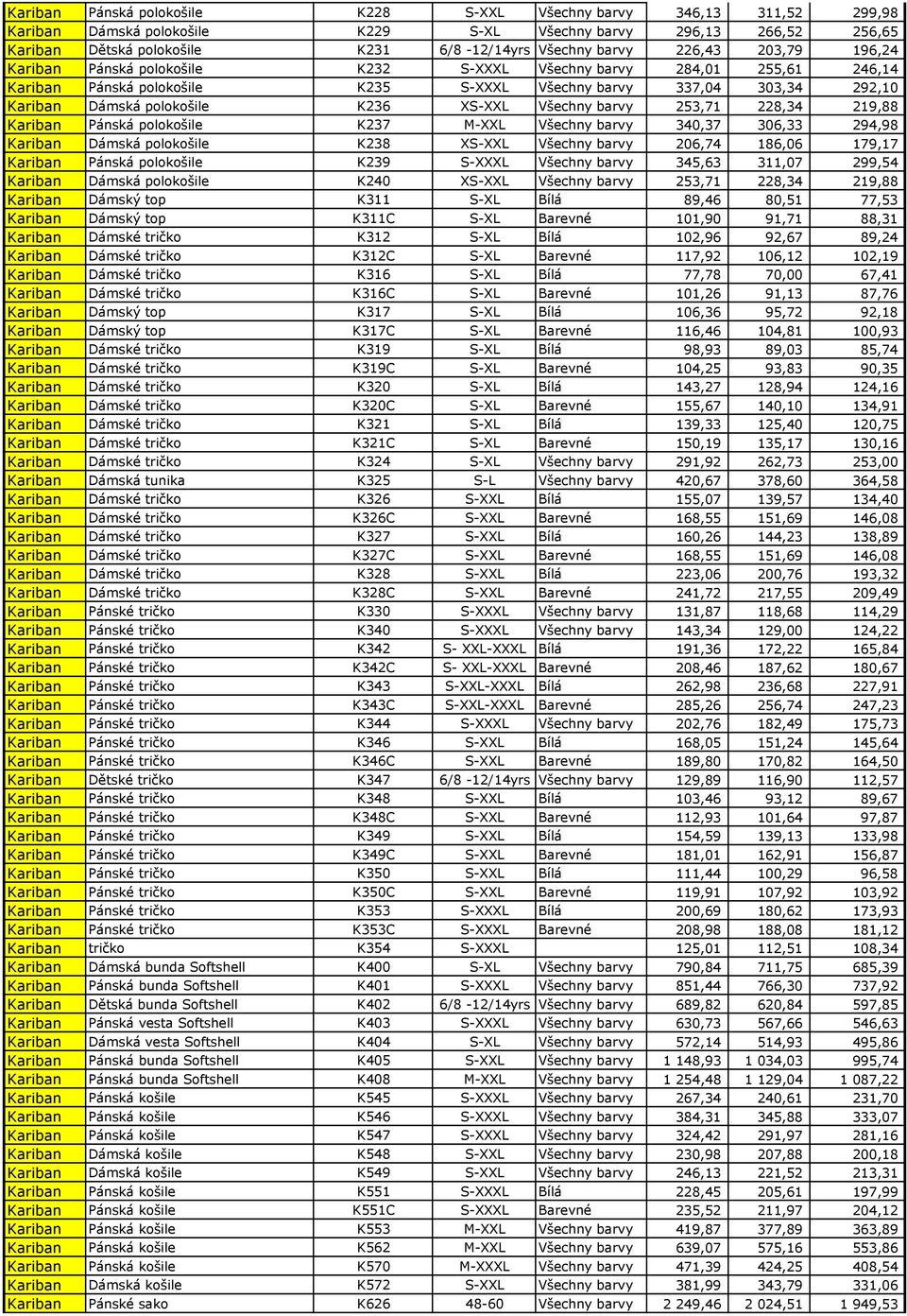 K237 M-XXL Všechny barvy 340,37 306,33 294,98 Kariban Dámská polokošile K238 XS-XXL Všechny barvy 206,74 186,06 179,17 Kariban K239 S-XXXL Všechny barvy 345,63 311,07 299,54 Kariban Dámská polokošile