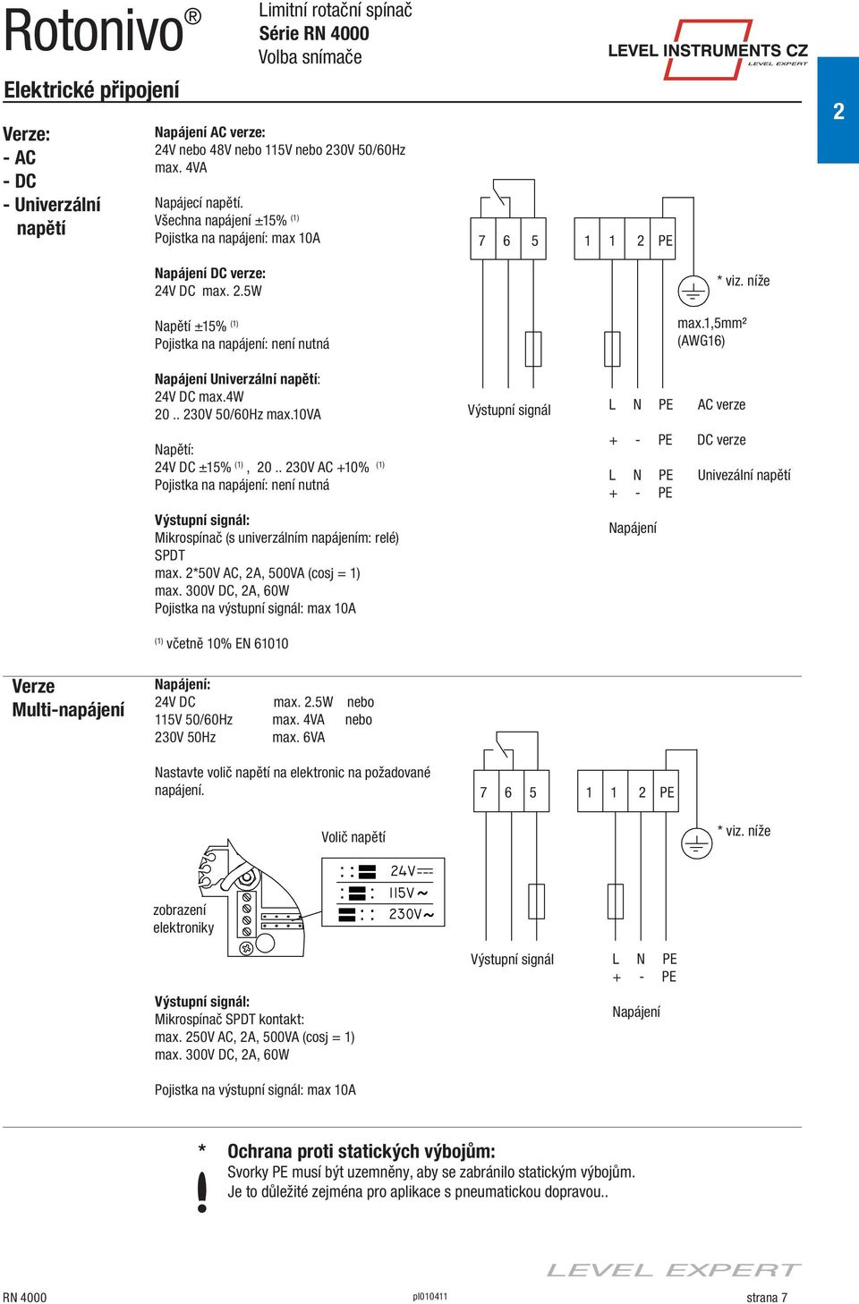 4w 20.. 230V 50/60Hz max.10va Napětí: 24V DC ±15% (1), 20.. 230V AC +10% (1) Pojistka na napájení: není nutná Výstupní signál: Mikrospínač (s univerzálním napájením: relé) SPDT max.