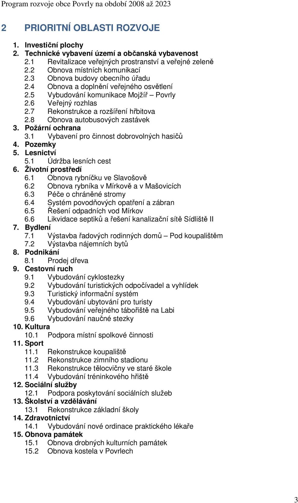 8 Obnova autobusových zastávek 3. Požární ochrana 3.1 Vybavení pro činnost dobrovolných hasičů 4. Pozemky 5. Lesnictví 5.1 Údržba lesních cest 6. Životní prostředí 6.1 Obnova rybníčku ve Slavošově 6.