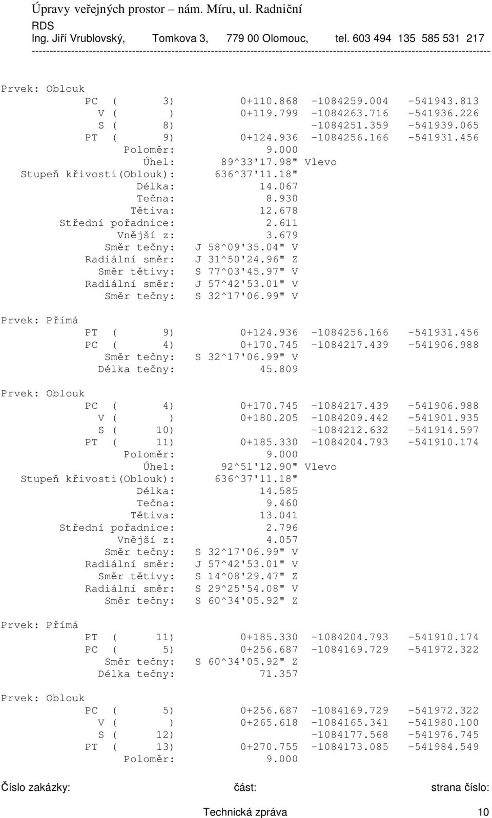 96" Z Směr tětivy: S 77^03'45.97" V Radiální směr: J 57^42'53.01" V Směr tečny: S 32^17'06.99" V PT ( 9) 0+124.936-1084256.166-541931.456 PC ( 4) 0+170.745-1084217.439-541906.