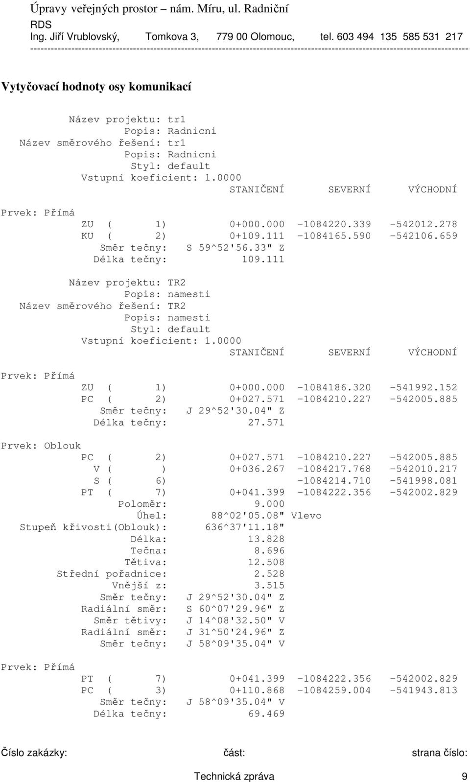 111 Název projektu: TR2 Popis: namesti Název směrového řešení: TR2 Popis: namesti Styl: default Vstupní koeficient: 1.0000 STANIČENÍ SEVERNÍ VÝCHODNÍ ZU ( 1) 0+000.000-1084186.320-541992.
