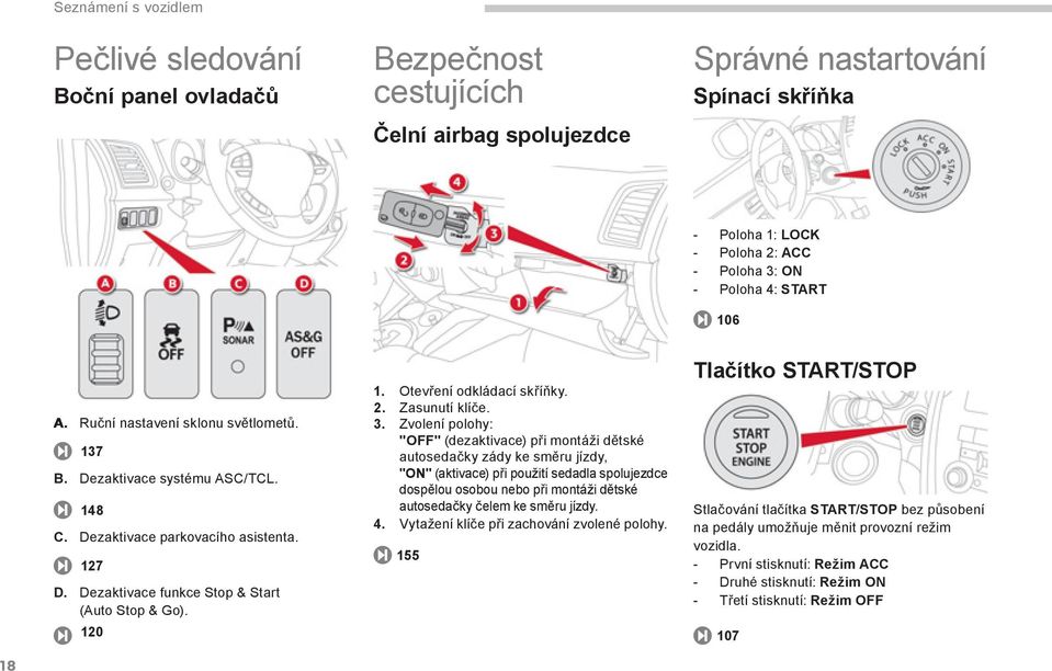 Otevření odkládací skříňky. 2. Zasunutí klíče. 3.