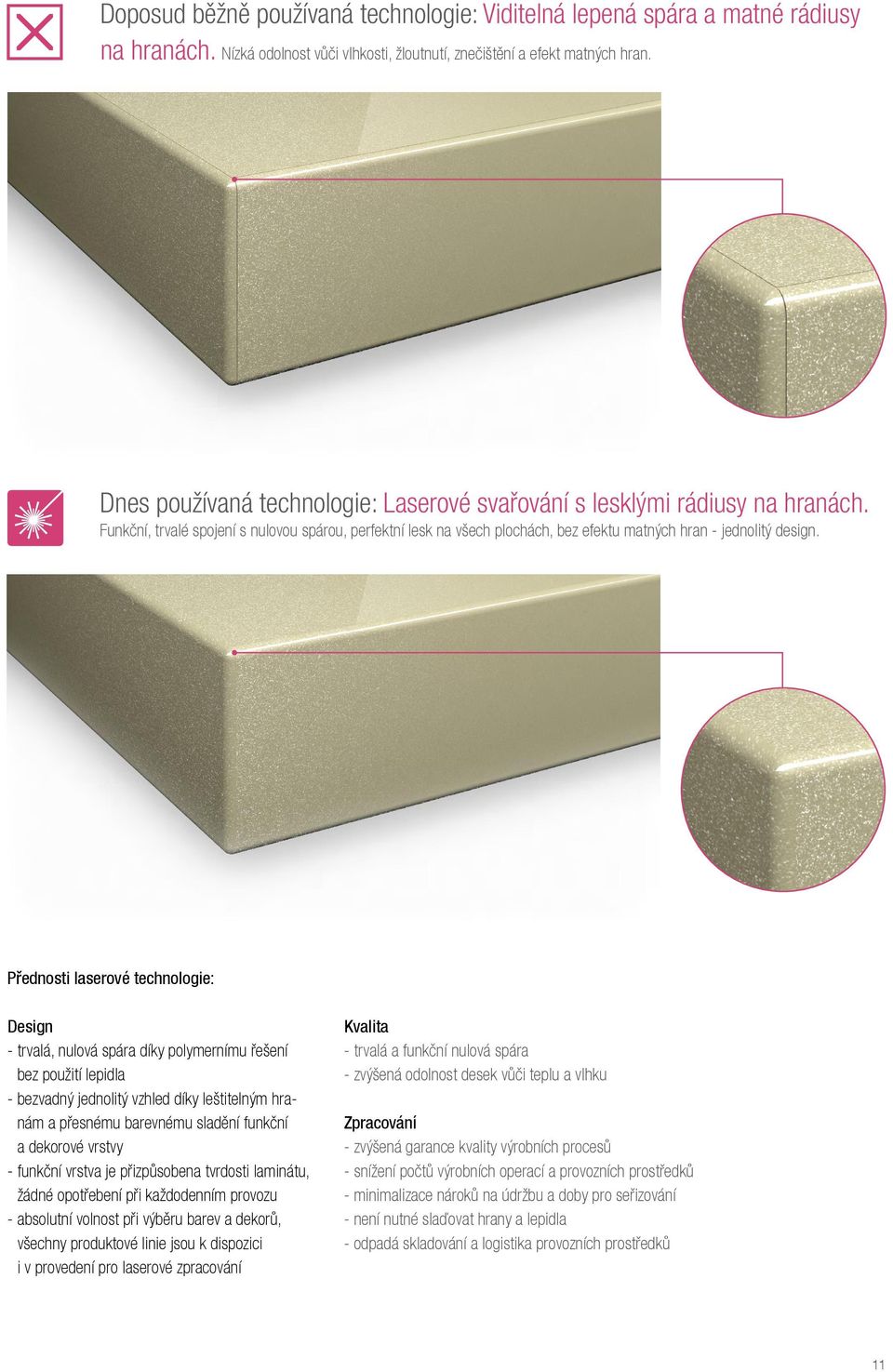 Přednosti laserové technologie: Design --trvalá, nulová spára díky polymernímu řešení bez použití lepidla --bezvadný jednolitý vzhled díky leštitelným hranám a přesnému barevnému sladění funkční a
