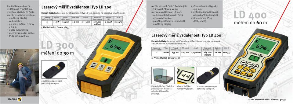 Laserové zařízení třídy Výkon Vlnová délka laseru Přesnost dosah Provozní doba baterie 2 1 mw 635 nm ± 2 mm 0,1 30 m až 3.000 měřeni 5 Přehled funkcí, Strana 36 37 LD 300 měření do 30 m Baterie Obj.