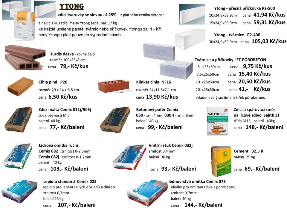 Kč/kus Hurdis deska - rovné čelo rozměr 100x25x8 cm Tvárnice a příčkovky IFT PÓROBETON cena 79,- Kč/kus 5 x25x50cm cena 9,75 Kč/kus 7,5x25x50cm cena 15,40 Kč/kus Cihla plná P20 Klinker cihla NF16 10