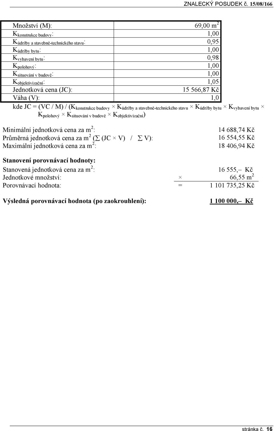 Kobjektivizační) Minimální jednotková cena za m2: Průměrná jednotková cena za m2 ( (JC V) / V): Maximální jednotková cena za m2: Stanovení porovnávací hodnoty: Stanovená jednotková cena