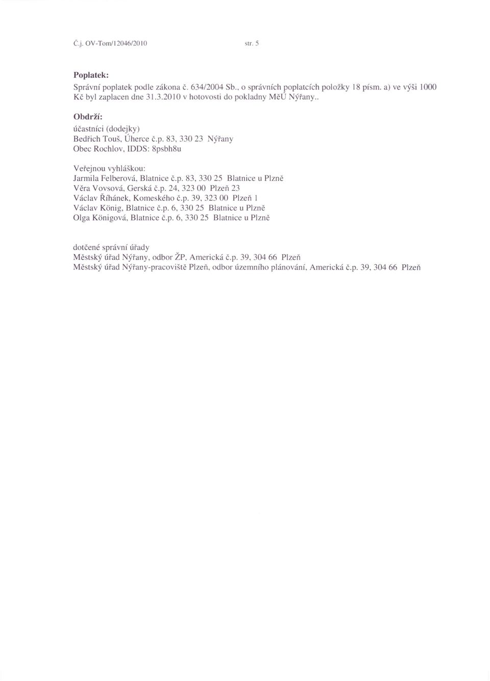 p. 24, 323 00 Plzeň 23 Václav Říhánek, Komeského č.p. 39,32300 Plzeň I Václav Konig, Blatnice č.p. 6, 33025 Blatnice u Plzně Olga Konigová, Blatnice č.p. 6, 33025 Blatnice u Plzně dotčené správní úřady Městský úřad ýřany, odbor ŽP, Americká č.